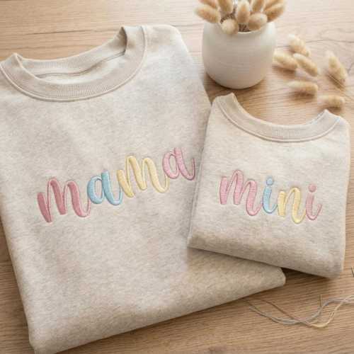 Mama Mini Matching Embroidered Sweatshirts, Pastel Mommy and Me Outfits