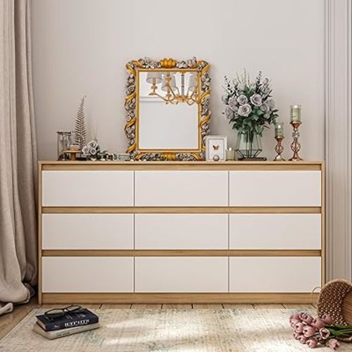 Hitow 9 Drawer Dresser for Bedroom with Deep Drawers, Large Floor Wood Dressers & Chest of Drawers Handle Free, Modern Long Dressers for Closet Living Room, Wood Color (63" W x 15.7" D x 31.5" H)