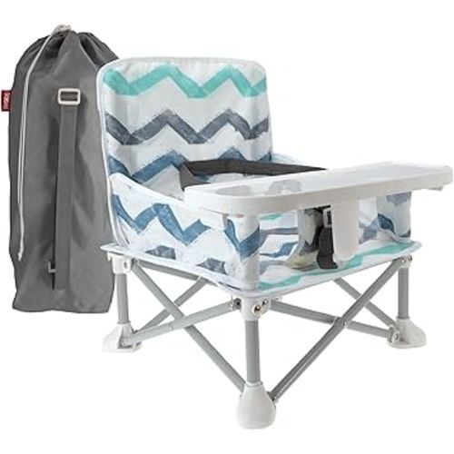 Nuby Pop-Up Booster Seat with Removable Tray - 6+ Months - Portable Booster Seat for Floor for Indoor/Outdoor Use - 3-Point Safety Adjustable Straps - Summer Travel Essentials - Chevron