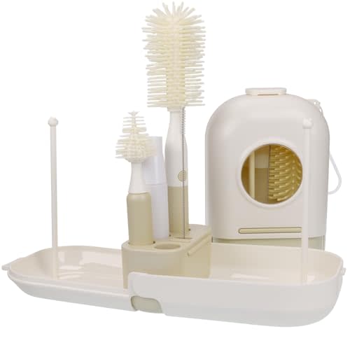 Portable Silicone Baby Bottle Cleaning Brush Set  All-in-One Travel Kit with Bottle Brush, Nipple Brush, Straw Brush, Cleaning Solution Bottle & Drying Rack for On-The-Go Parents (Gry)
