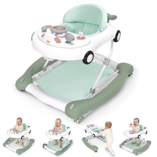 5-in-1 Convertible Baby Walker with Steering Wheel Music Activity Center – Infant Rocker, Jumper, Push Walker, Bouncer & Feeding Foldable Walker for Ages 6-18 Months Boys Girls (Mint)