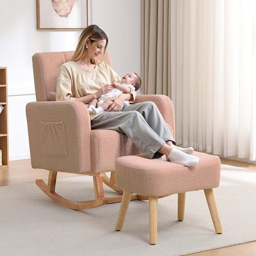 Rocking Nursery Chair with Ottoman, Upholstered Glider Rocker with High Backrest and Side Pocket, Comfy Reading Chair with Solid Wood Legs for Nursery, Living Room,Bedroom Coffee