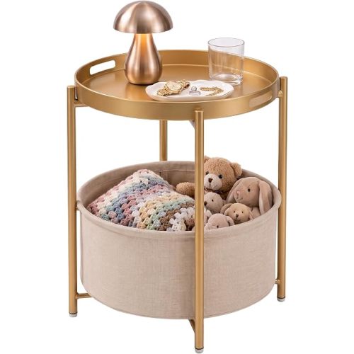 danpinera Gold Round Side Table, Decorative Serving Tray with Handles