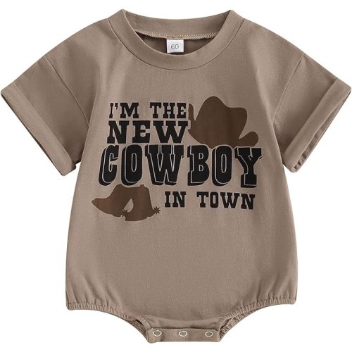Newborn Baby Short Sleeve Western Romper Birthday Outfits Summer Casual Round Neck Cowboy Hat Print Bodysuit
