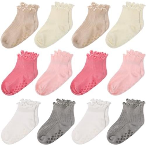 Jeyiour 12 Pairs Toddler Ruffle Grip Socks Baby Newborn Gift Girls Cotton Non-Slip Frilly Anti-Skid Cute Socks 0-24 Months