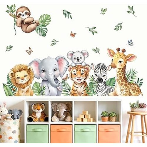 decalmile Jungle Animals Tropical Leaves Wall Stickers Safari Lion Giraffe Elephant Wall Decals Baby Nursery Playroom Bedroom Classroom Home Decor