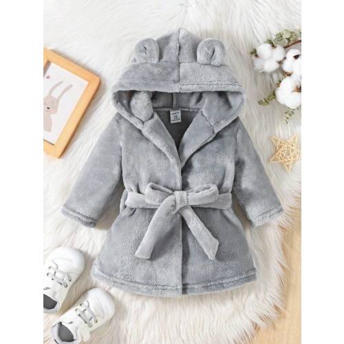 Baby Boy 3D Ear Design Hooded Belted Flannel Robe | SHEIN USA