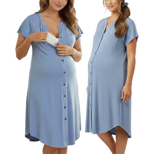 PATPAT Maternity Midi Dress, Button-Down Nursing Dress with Pockets for Baby Shower, Pregnancy & Postpartum