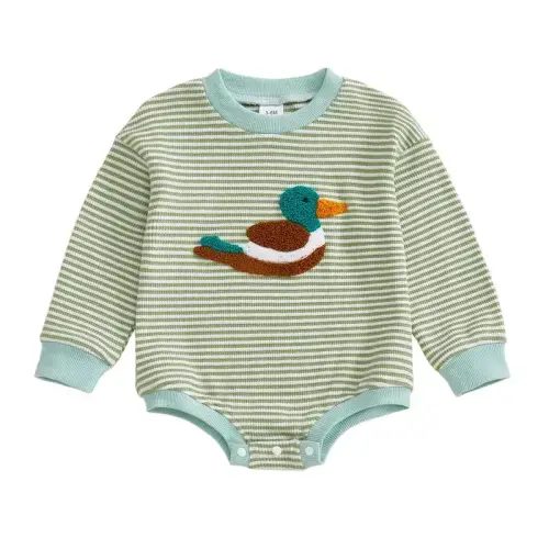 Newborn Baby Boy Fall Romper Duck Embroidery Long Sleeve Waffled Romper Stripe Duck Embroidery Long Sleeve Round Neck Jumpsuit - TikTok Shop