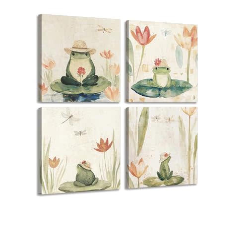 4Pcs Framed Funny Frog Canvas Wall Art Japanese Animal Picture Nursery Animals Painting Frog With Straw Hat Poster Print Wall Decor for Kids Baby Room 10x10in