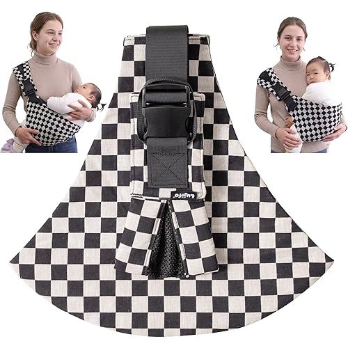 Lujifo Baby Sling Carrier, Lightweight Portable Baby Carrier for Toddlers, Toddler Sling Carrier with Adjustable Front & Back Shoulder Straps – Fits Babies 6 to 48 Months (Ebony Check)