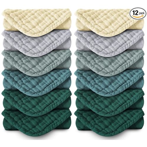 Muslin Burp Cloths 100% Cotton Large 20''x10'' Extra Soft and Absorbent Baby Wash Cloths Spit Up Rags - Baby Burping Cloth for Boys Girls Items(12 Pack Ivory, Slate and Emerald Series)