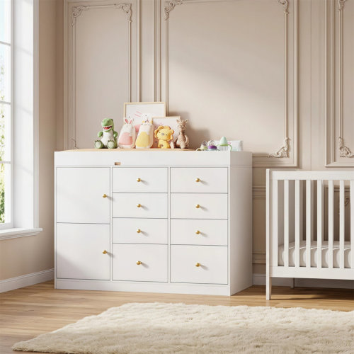 Ebern Designs Dresser With 8 Drawers And 2 Cabinet Doors, Featuring A Multifunctional Baby Changing Table | Wayfair