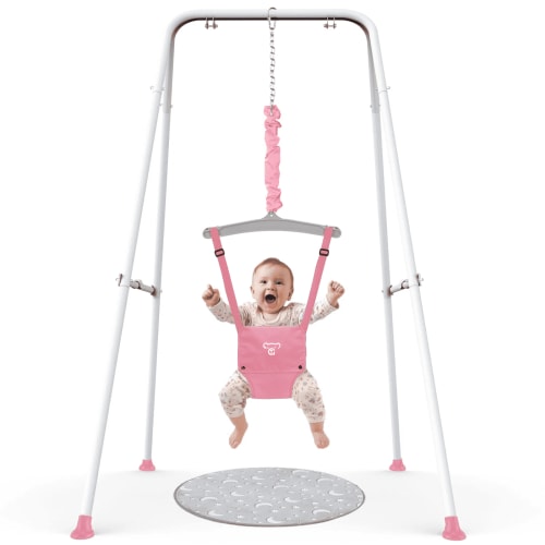 G TALECO GEAR Baby Jumper with Stand, Portable Baby Bouncers and Jumpers with Floor Mat, Jumper for Baby Boys/Girls, Pink