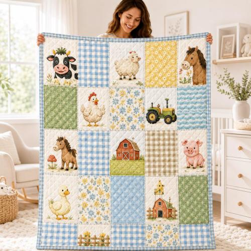 Farm Animals Quilt Blanket, Baby Nursery Throw, Cow Pig Horse Chicken Farmhouse Decor Gift
