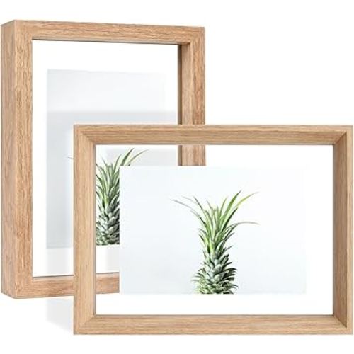 5x7 Floating Frames 2 Pack Wooden Photo Frame Double Sided Glass Picture Frame for Any Size Picture up to 5x7, Wall Mount or Tabletop Displays, Double-edged Frames, Natural