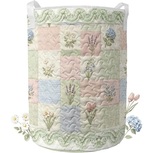 Quilted Laundry Hamper, Boho Hamper with Floral Patchwork