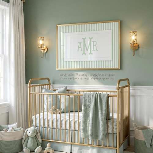 Personalized Baby Boy Nursery Wall Art: Sage Green Striped Monogram Print for Over Crib Decor
