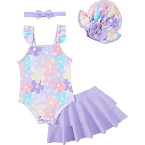 Renotemy Baby Girl Swimsuit Toddler One-Piece Bathing Suit with Skirt&Hat Bikini Beach Pool Swimwear for Infant Girls 3M-3Y