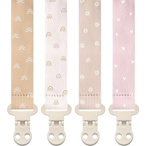 Stadela Baby Pacifier Clip Holder - Girl 4 Pack Gift Set - Boho Rainbow Suns Hearts Daisies Design (Belle)