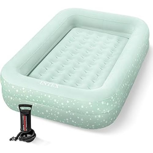Intex Kids Travel Air Mattress Inflatable Bed with Raised Sides and Hand Pump - Portable Blow-Up Toddler Traveler Bed for Children's Naps or Sleep