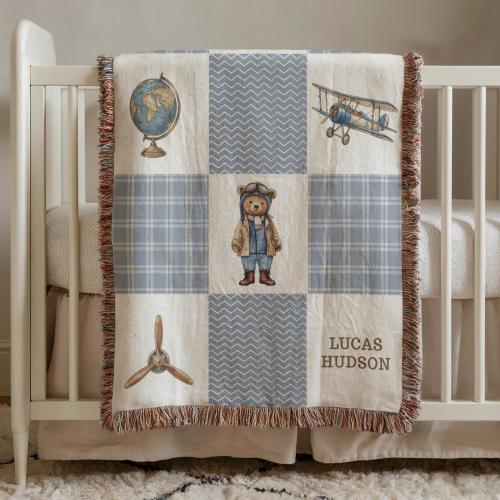 Blue Personalized Pilot Bear Aviation Blanket, Woven Cotton Throw, Baby Shower Gift