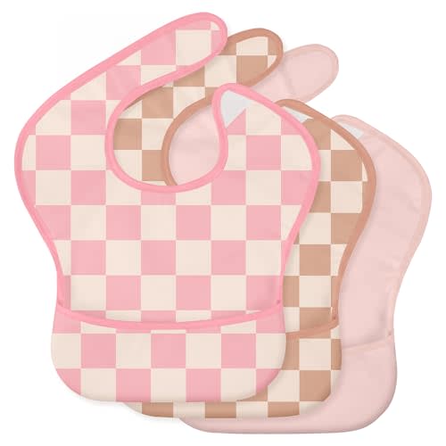 3 Pack Waterproof Baby Bibs for Eating, Mess Proof Feeding Bib | Lightweight & Wipeable Toddler Food Bibs, Large Catch-All Pocket, Food-Grade Baby Eating Essentials Gifts, Pink Cherkerd