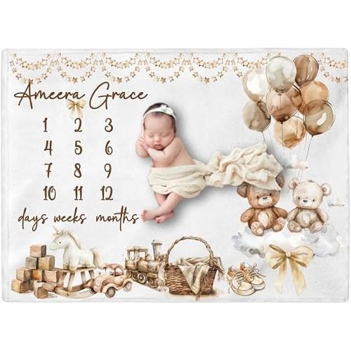 Personalized Month Milestone Baby Blanket, Teddy Monthly Milestone Quilt, Custom Weekly Tracker Throw, New Mom Infant Comforter Gift, Nursery Décor Keepsake Present