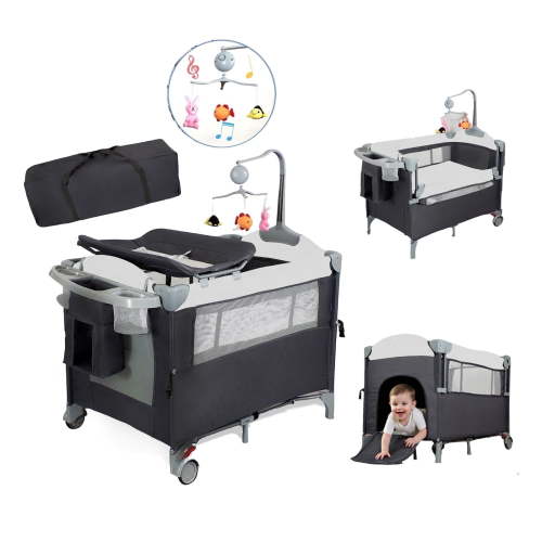 Pack and Play with Bassinet 4-in-1 Baby Playard with Changing Table Wheels Music Box,Foldable Playard for Baby Toddler(Black)