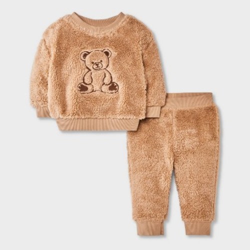 Baby 2pc Faux Shearling Teddy Bear Sweatshirt and Jogger Pants Set - Cat & Jack™ Brown Newborn