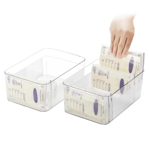 Breastmilk Storage Container with 4 Freezer Flattener Kit to Flatten Standing Breast Milk Bags in Organizer Bins Save Refrigerator Space |Wide Version