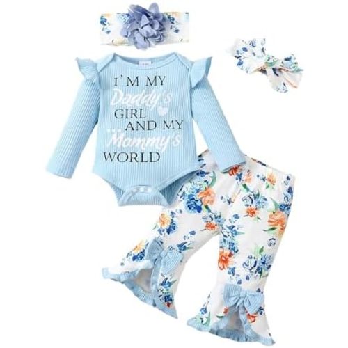 SUNNY PIGGY Newborn Baby Girl Clothes Infant Outfits Romper Floral Fall Outfit Bell Bottoms Pant Sets Hat Headband Flowerpant