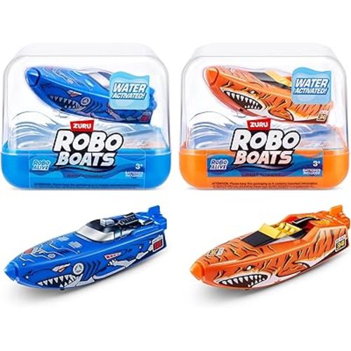 Robo Alive Robo Boats, Tiger Shark & Robo Shark Boat, 2 Pack, by ZURU Water Activated Boat Toy, (Amazon Exclusive)
