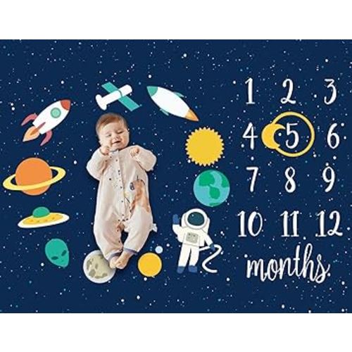 Baby Monthly Milestone Star Astronaut Boy Blanket - Newborn Swaddle, Party Favors, Photography Backdrop Props, Dark Party Supplies 40 * 50IN