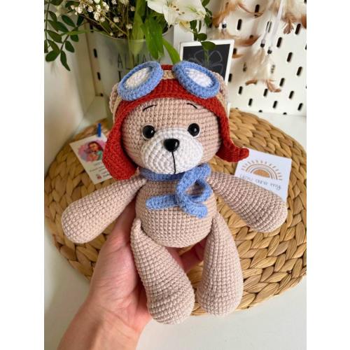 Pilot Teddy bear Crochet Aviator stuffed animal Pilot bear in helmet New baby boy gift 23 cm\9 in