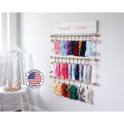 Headband and Bow Holder Bundle, Personalized Cascading 1, 2, 3, or 4 Rod Holder with Lace, Girl Nursery Decor, Baby Shower Gift