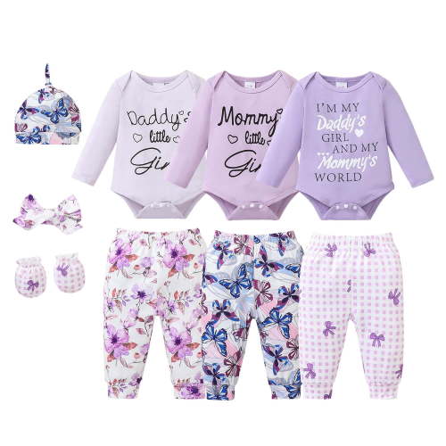 KIMI BEAR 6 Months Newborn Baby Girl Layette Set 12 Months Shower Gift Sets 3 Packs Romper Pants Sets Long Sleeves Bodysuit with Hat Headband Gloves 9pcs Clothing Purple