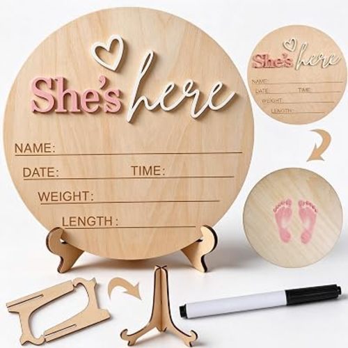 Baby Announcement Sign,5.9 Inch Wooden She’S Here newboBaby Sign with Stand,Boy or Girl Sign Welcome Newborn Arrival To World, Gender Reveal Signs,Newborn Photo Props Hospital,Nursery Decor,Baby Shower(She's-Pink-01)