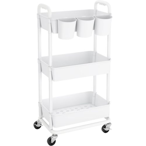 JIUYOTREE 3-Tier Plastic Rolling Storage Cart Utility Cart with Extra Hanging Cups Handles Lockable Wheels for Living Room Bathroom Kitchen Office White