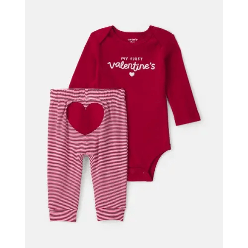 Baby 2-Piece 'My First Valentine's' Long-Sleeve Bodysuit & Pant Set - Red | Carter's