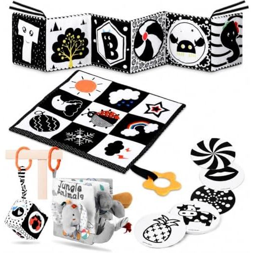 5 in 1 Black and White High Contrast Baby Toys 0-3 Months for Newborn, Tummy Time Toys Montessori Toys for Babies 0 3 6 9 Months - Infant Sensory Soft Book Toys for Babies Girls Boys Baby Gifts