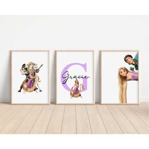 SET OF 3 Personalised Disney Tangled Prints, Disney Nursery Bedroom Decor, Kids Room Rapunzel Wall Art, Pascal Kids Gifts, Maximus Art Print