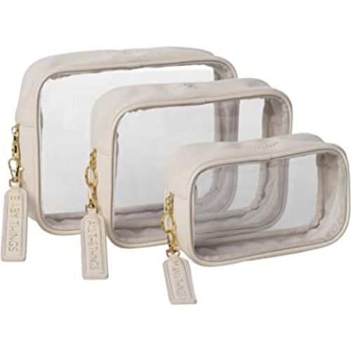 Lucky Love Diaper Bag Organizing Pouches | Set of 3 Including Diaper Clutch | Dry Wet Bag (Cream Clear Trio Pouches w/Removable Tags)