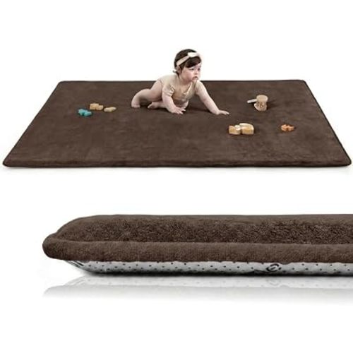Baby Play Mat for Floor,1.3" Thick Elasti-Foam 74"×50" Playpen Mat, Non-Toxic Certified Water-Repellent Coral Velvet, Non-Slip Safe Crawling Mat for Tummy Time, Toddler & Infant(Dark Brown)