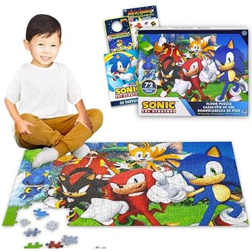 Sonic the Hedgehog Floor Puzzle for Kids Set - Bundle of 72 Piece Sonic Floor Puzzle, Stickers, Tattoos, More | Sonic Jigsaw Puzzles for Kids Ages 5+