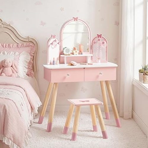 ROBUD Kids Vanity Table and Chair Set, Girls Vanity Set with Mirror, Pretend Play Kids Vanity, Makeup Dressing Table with Drawer and Accessories, Age 3+ (Pink)