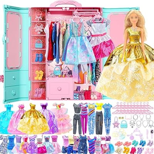 Style Shine 70 Pcs Doll Closet with Clothes & Accessories Set,2 Wedding Gowns 6 Fashion Dresses 2 Casual Outfits 2 Swimsuit 10 Shoes 20 Hanger 27 Accessories,Dress up Toys for Girls Kids Gift