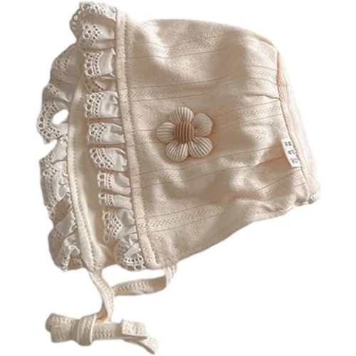 Elegant Lace Trim Bonnet Soft & Comfortable Little Girls Hat with Flower Pattern for 0-12 Months Babies Beige