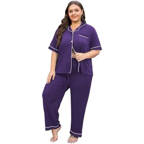 Vozanet Women's Plus Size Pajamas Button Down Shirt and Pants Soft Lounge Sets Bride Nighty Bottom with Pockets 1x to 5x