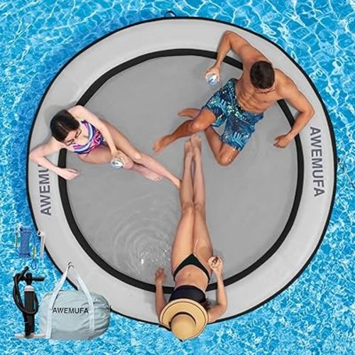 8ft/10ft Water Hammock 8 inches Thick Round Float Ring with Mesh Lake Floats for Adults Heavy Duty Circle Floating Mat for Pool Inflatable Water Raft for Summer Parties